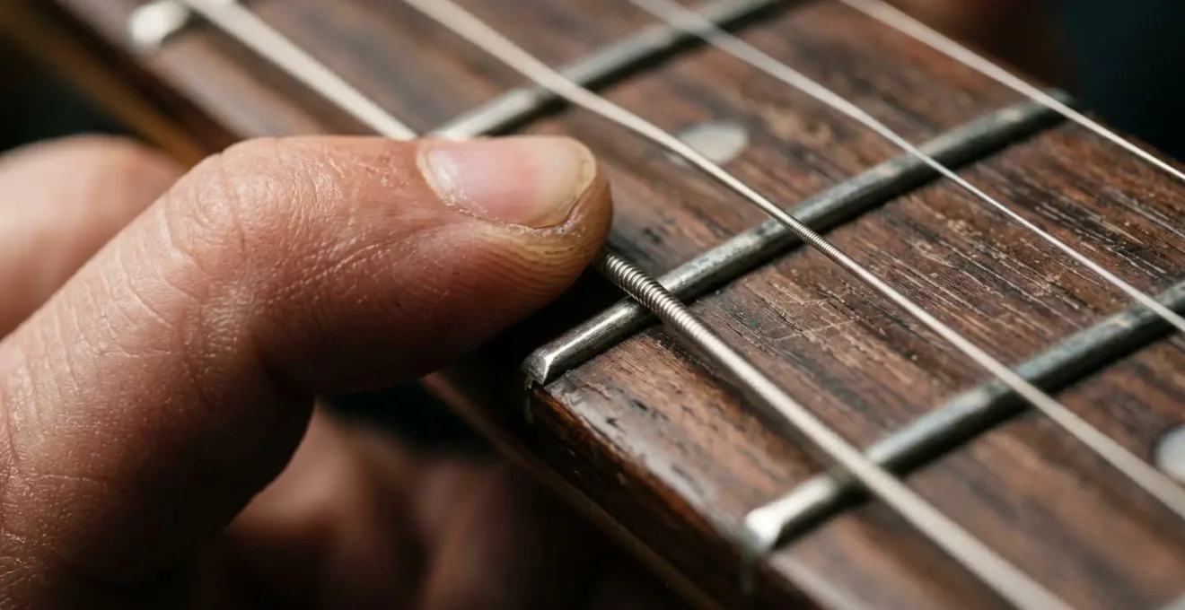 Macro close-up of guitar strings and frets showing finger technique detail