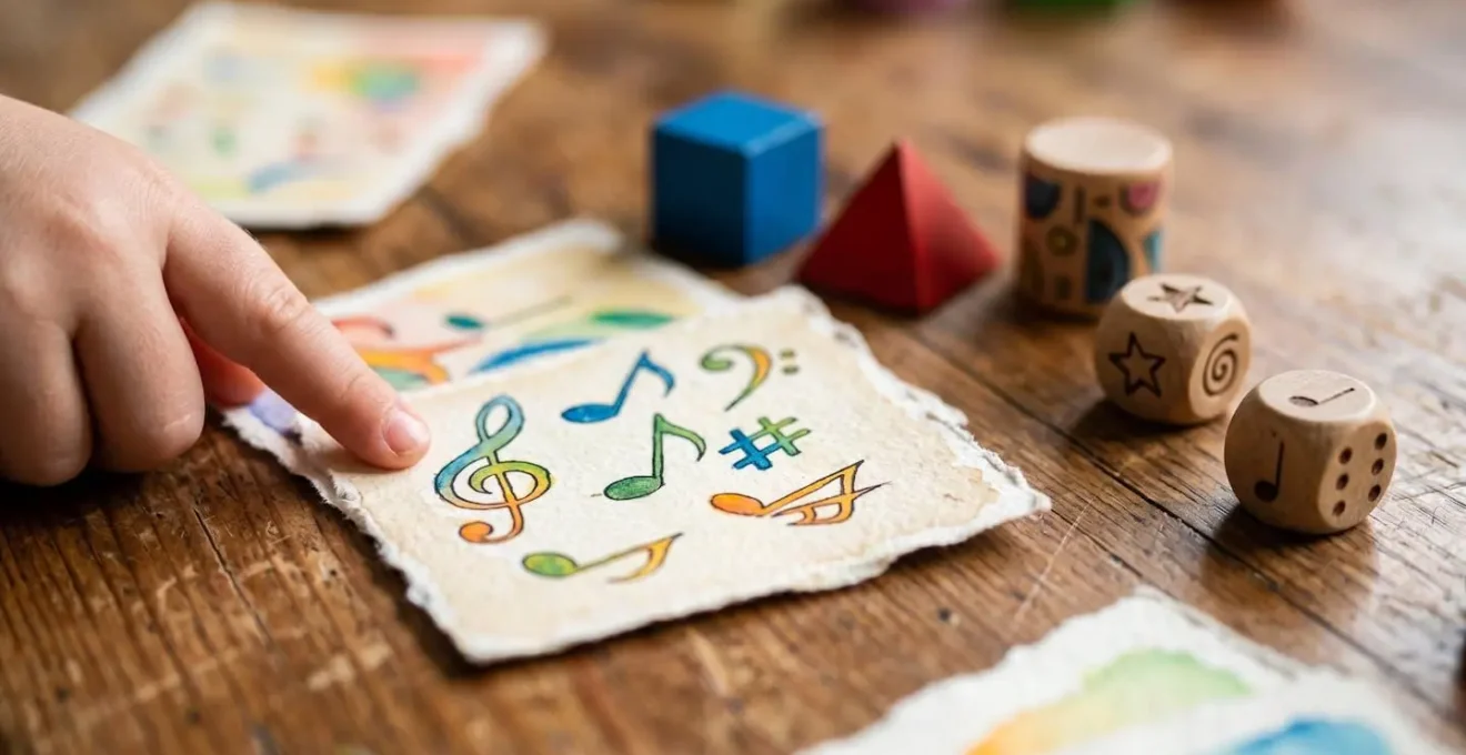 Handcrafted music theory board game with colorful notation cards spread on table