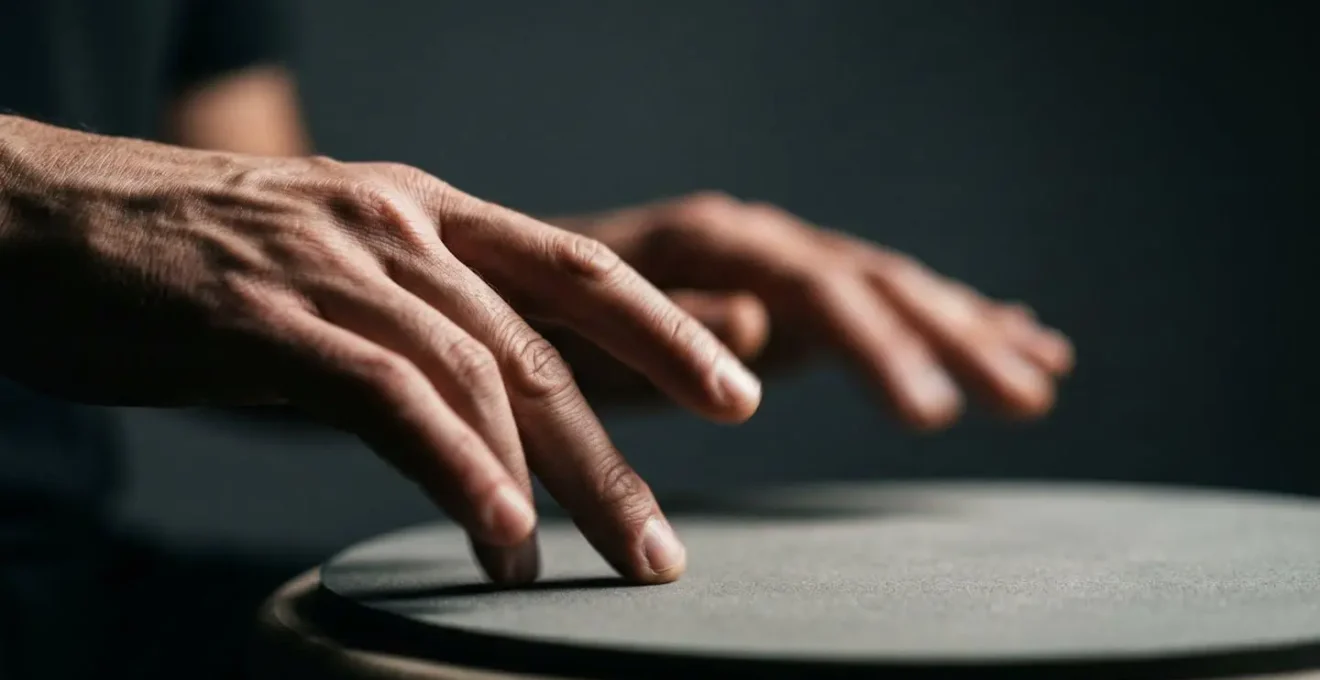 Close-up of musician's hands creating rhythmic patterns, emphasizing tactile connection and motion