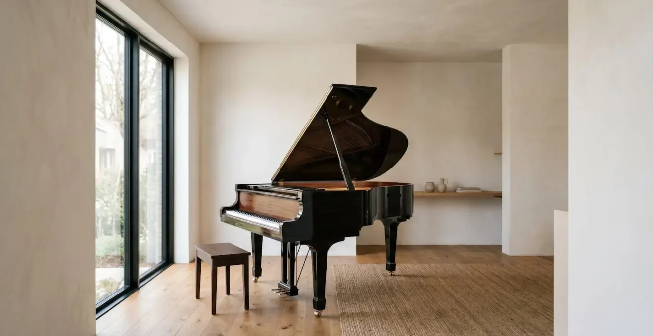 Wide-angle environmental shot of a minimalist music studio with a piano in soft natural window light, emphasizing clean lines and contemplative negative space