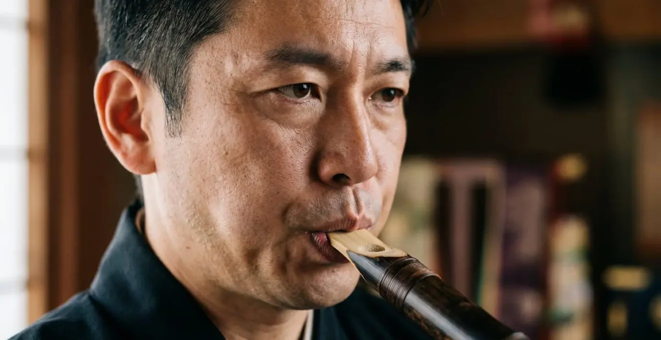 Close-up portrait of musician's face showing loose embouchure technique while playing hichiriki with inflated cheeks and focused expression