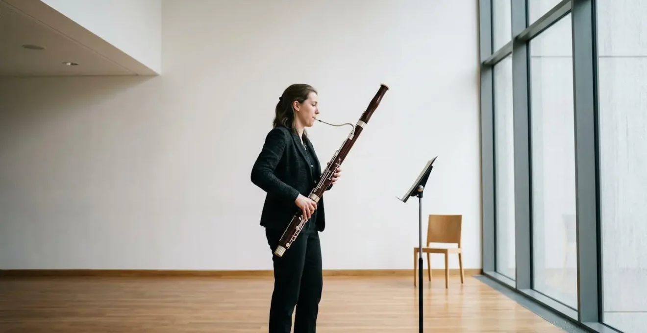 Environmental wide shot of musician in practice space demonstrating upper register technique