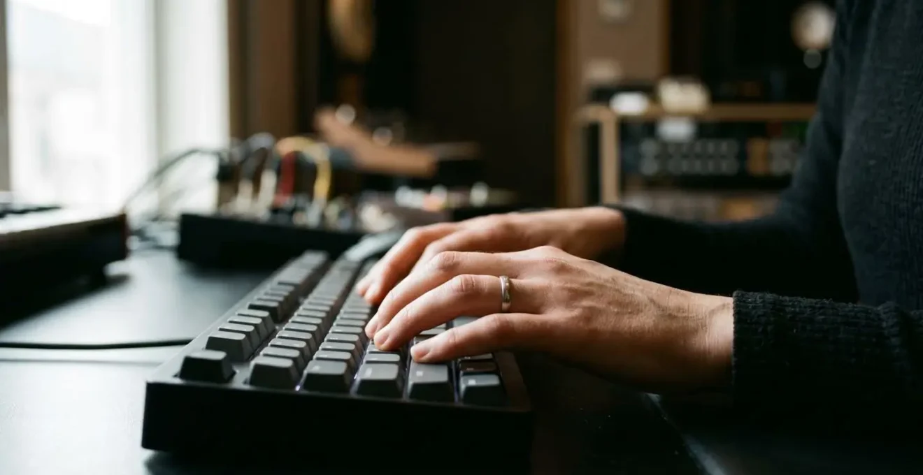 Hands on a music production keyboard with soft natural lighting, emphasizing creative flow and muscle memory.