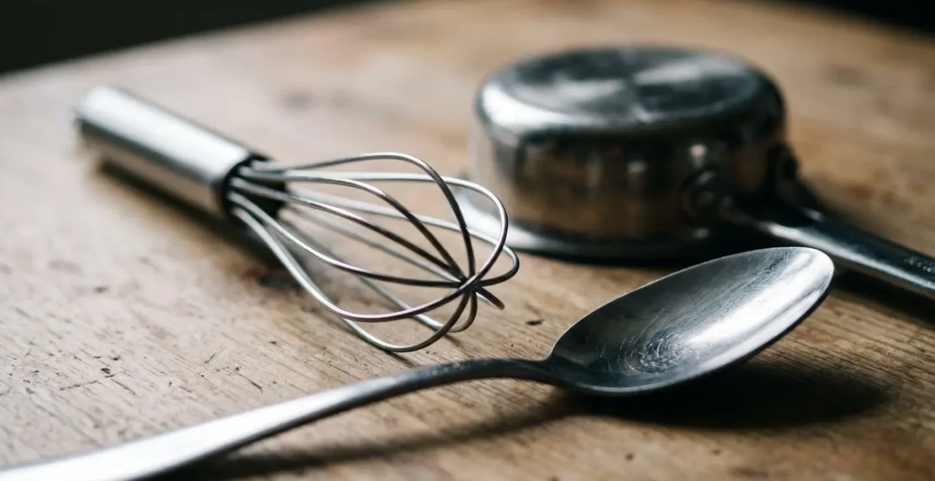 Extreme close-up of metal kitchen utensils revealing percussion-worthy textural details