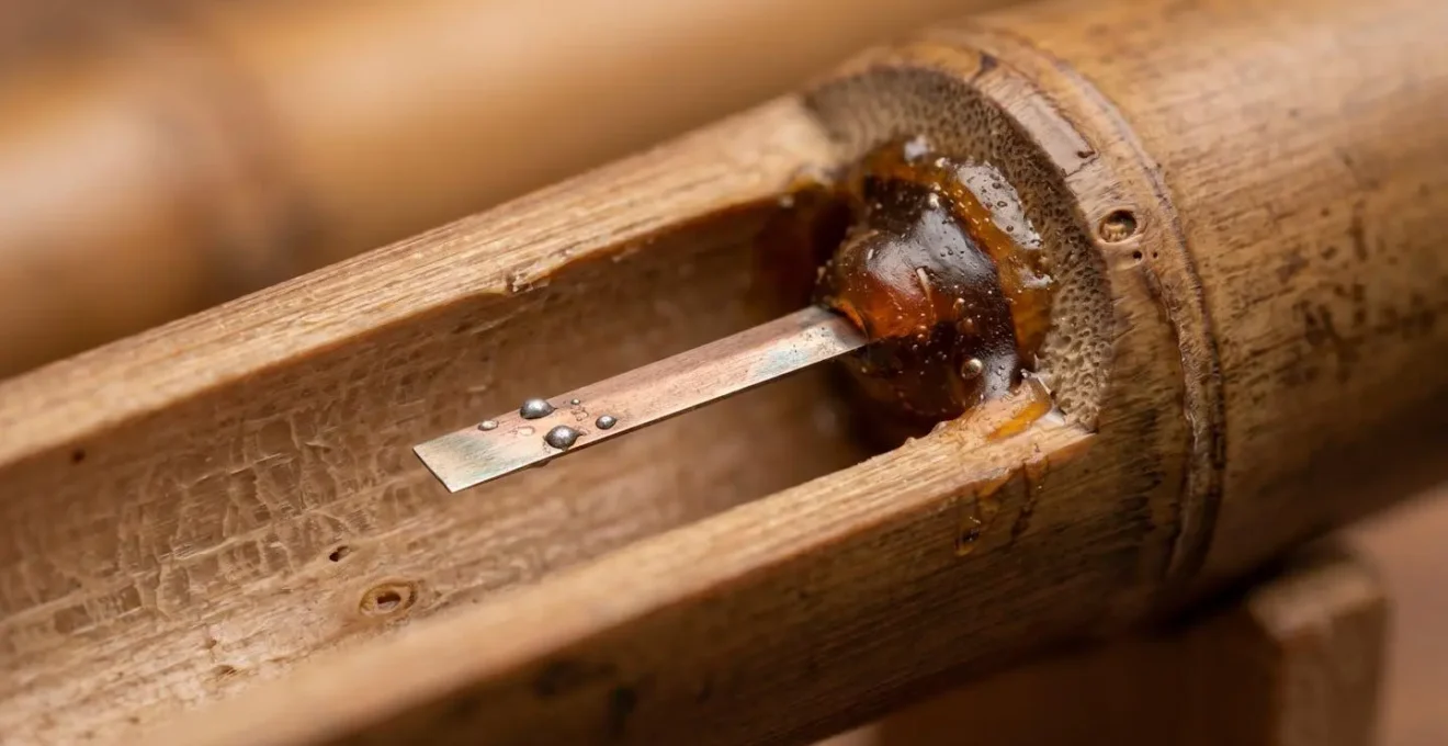 Extreme close-up of a hair-thin metal free reed mounted inside a Shō bamboo pipe, showing intricate tuning wax and natural bamboo texture