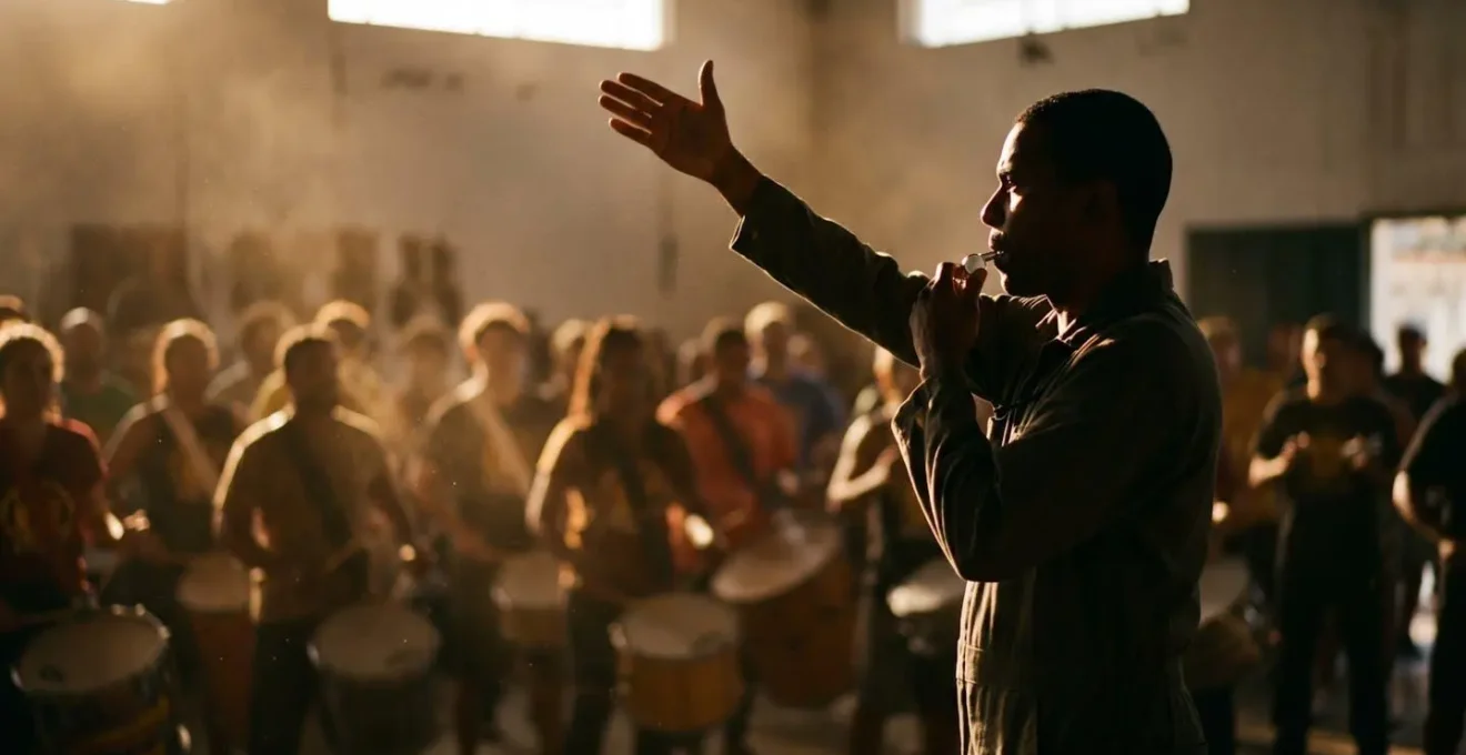 Symbolic representation of non-verbal communication through whistle and gesture during samba rehearsal