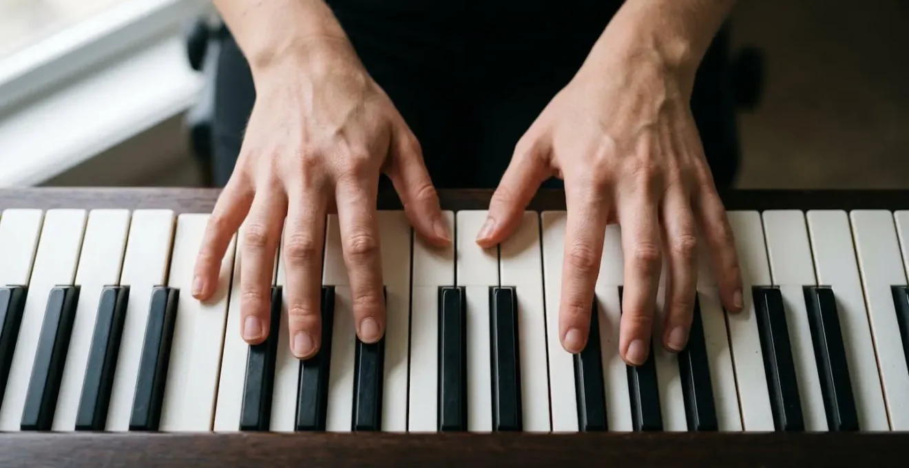 Close-up view of pianist hands positioned symmetrically around the middle C key on piano keyboard