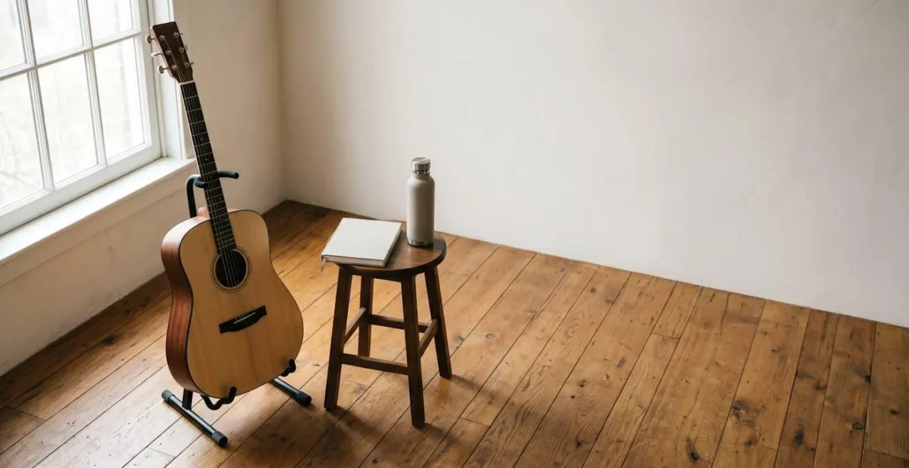 A serene practice environment with intentional negative space and natural lighting