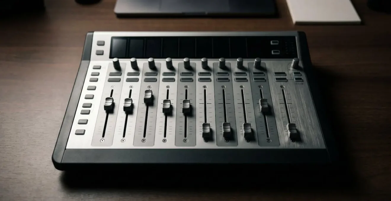 Symmetrical view of audio mixing faders at balanced positions with natural lighting