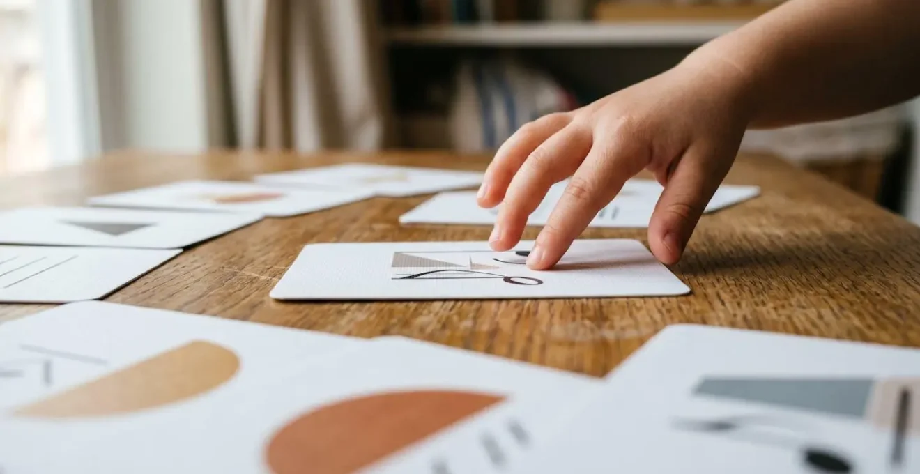 Close-up of child's hands in dynamic motion reaching for colorful music flashcards during an energetic learning game