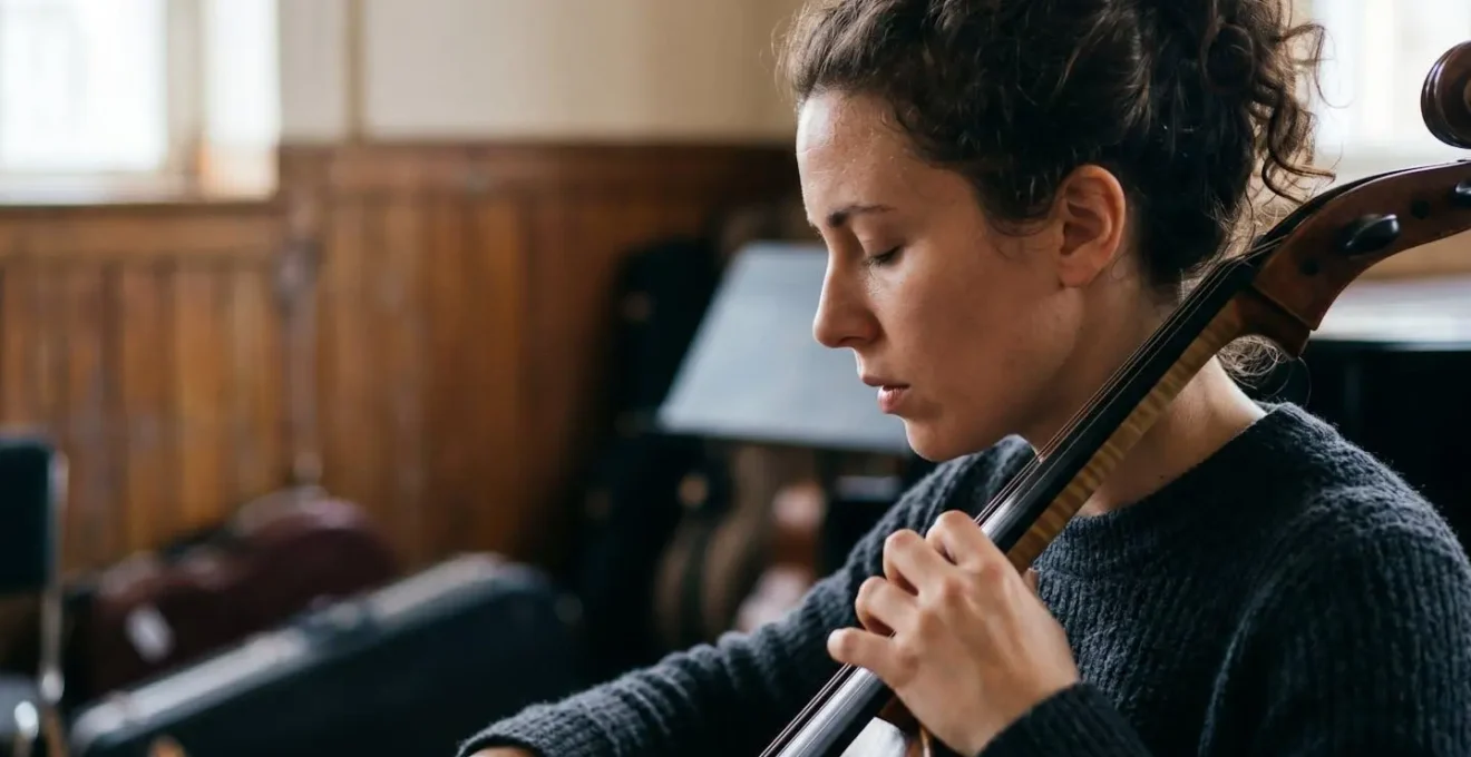 Intimate portrait of musician in focused contemplation moments before performance, capturing the psychological intensity of managing performance anxiety