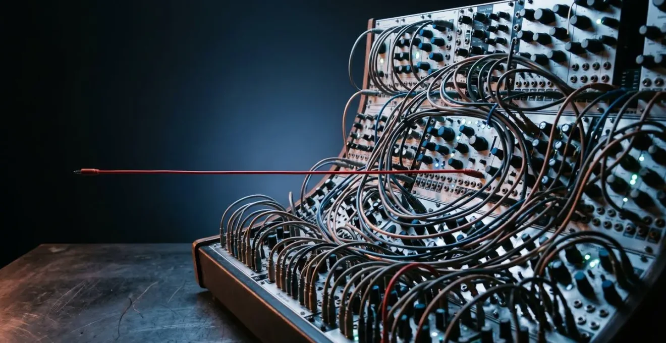 Circular arrangement of vintage analog synthesizer modules with patch cables creating repeating geometric patterns under dramatic studio lighting
