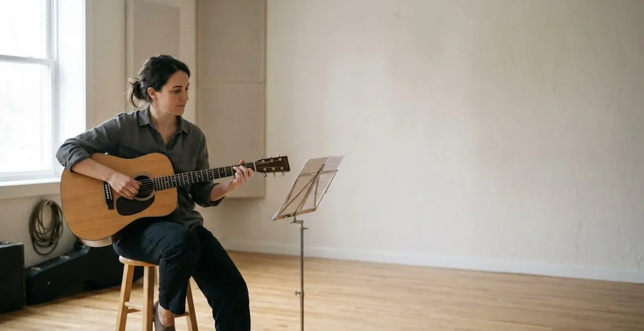 Environmental view of musician practicing with relaxed posture and natural hand positioning in calm studio setting