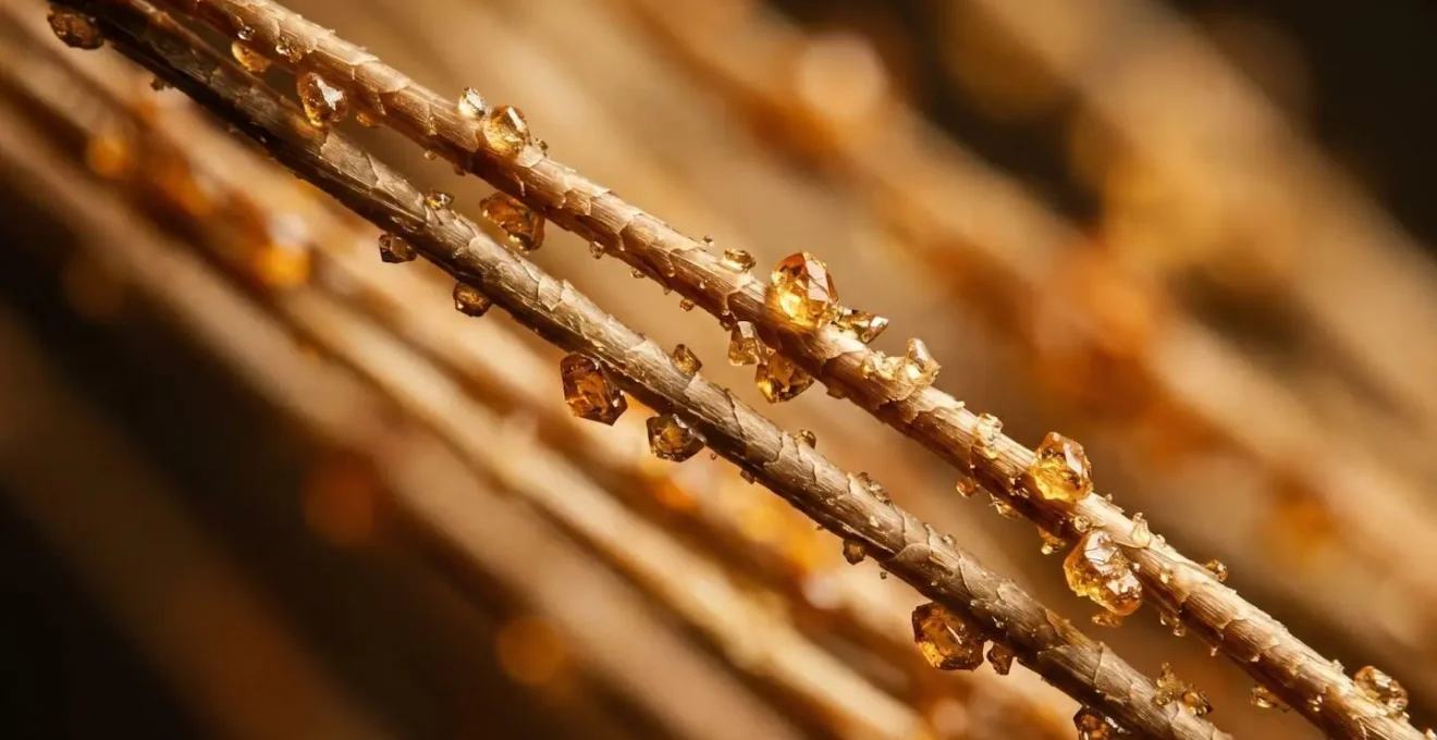 Extreme macro photograph of bow hair with rosin particles showing textural detail and friction surface