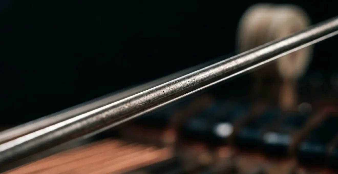 Extreme close-up of a vibrating piano string captured mid-resonance with shallow depth of field