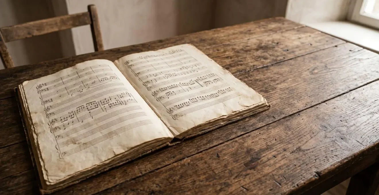 Wide environmental shot of antique music manuscript on weathered wooden surface with natural side lighting