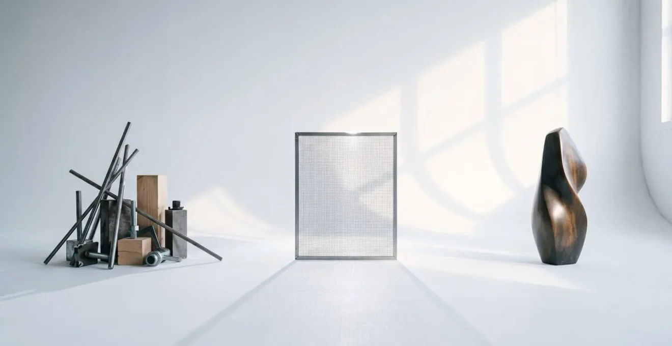 Three-stage sculptural process from raw geometric form to refined minimalist shape representing synthesis signal flow
