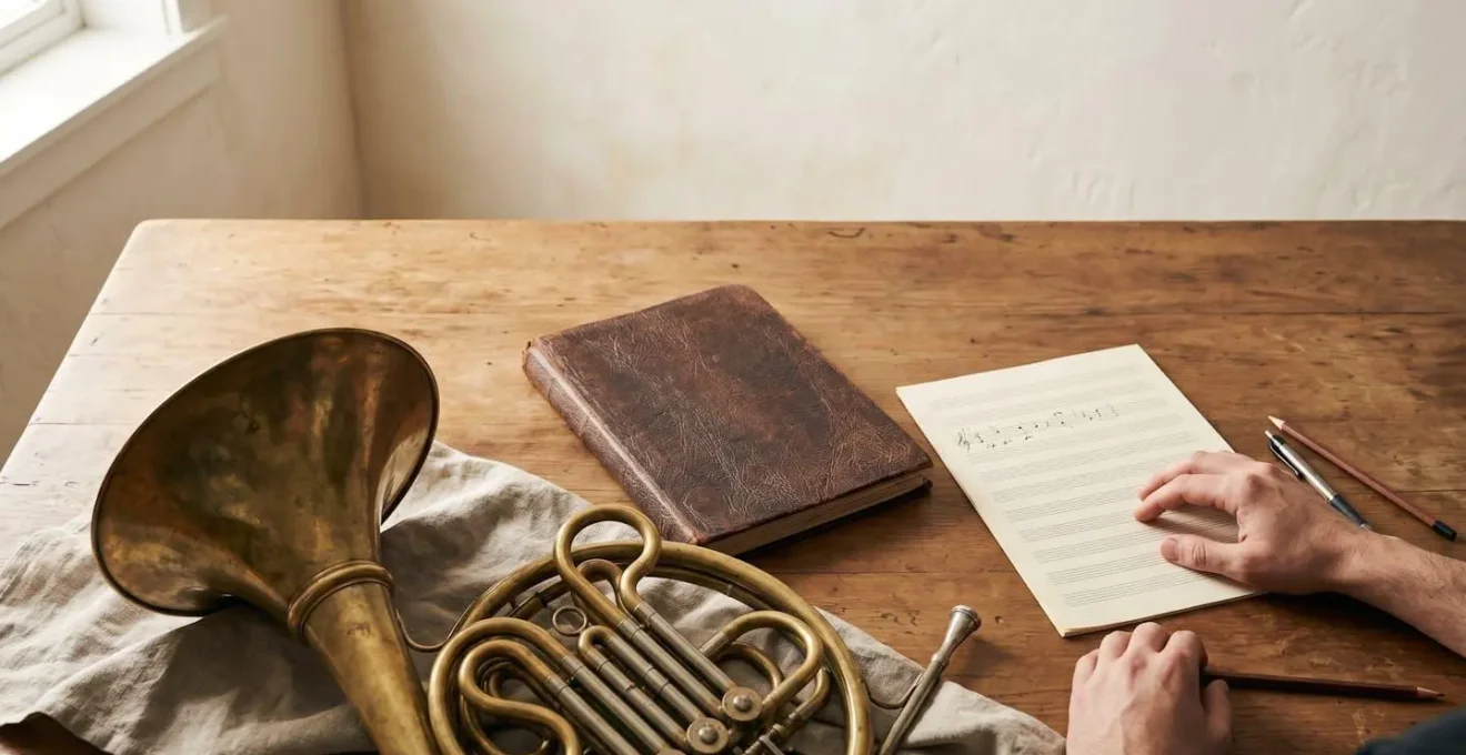 Bird's eye view of musician's workspace showing musical transcription process with notation and instruments