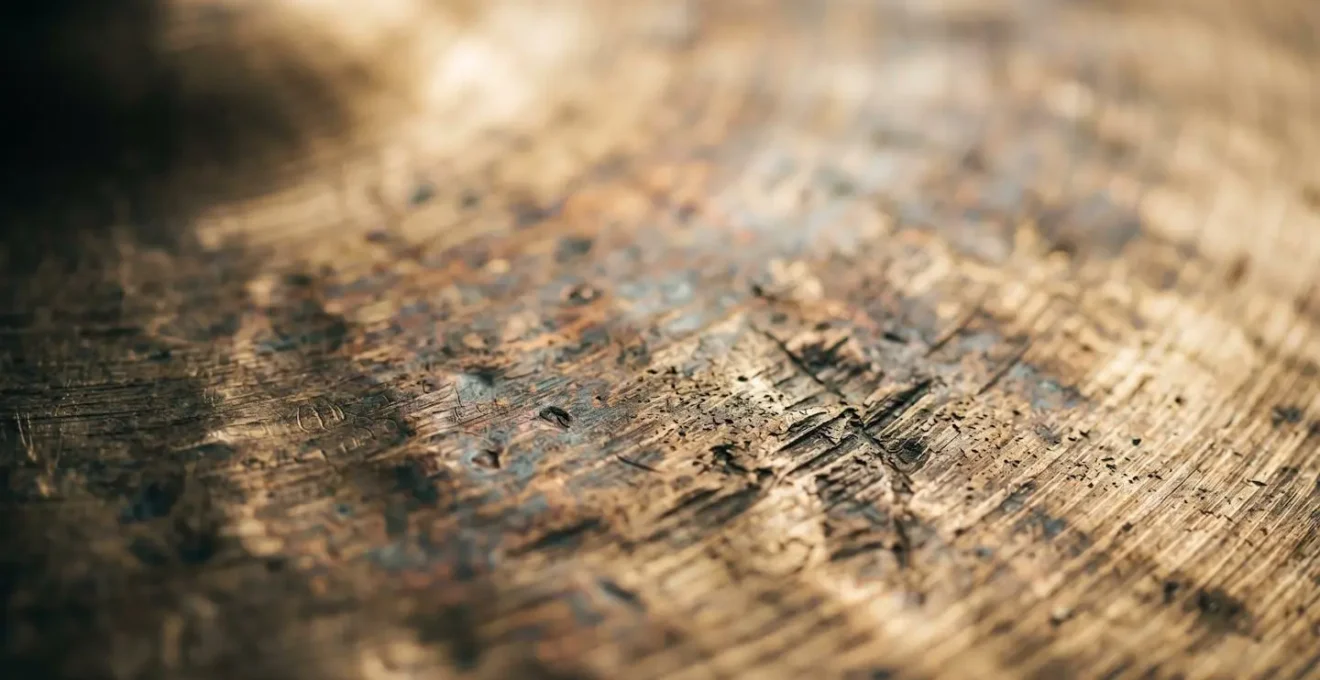 Macro detail of percussion surface showing textural variation and impact dynamics