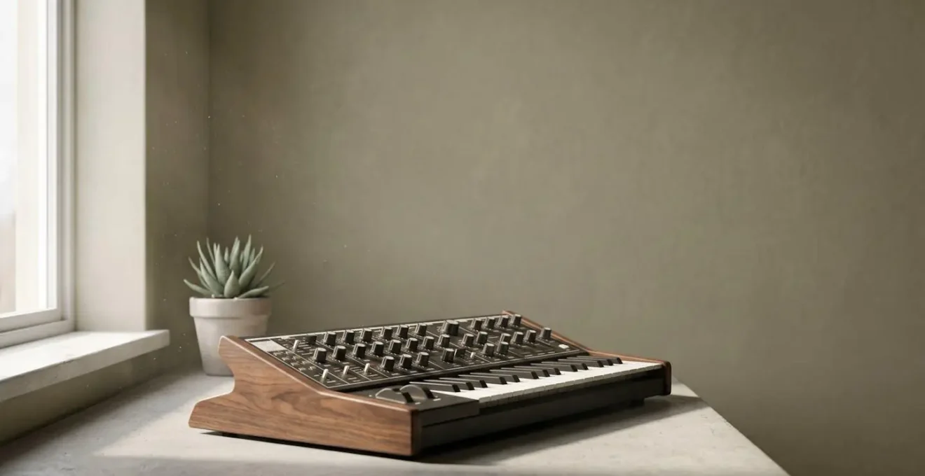 Environmental view of vintage synthesis workspace with analog equipment