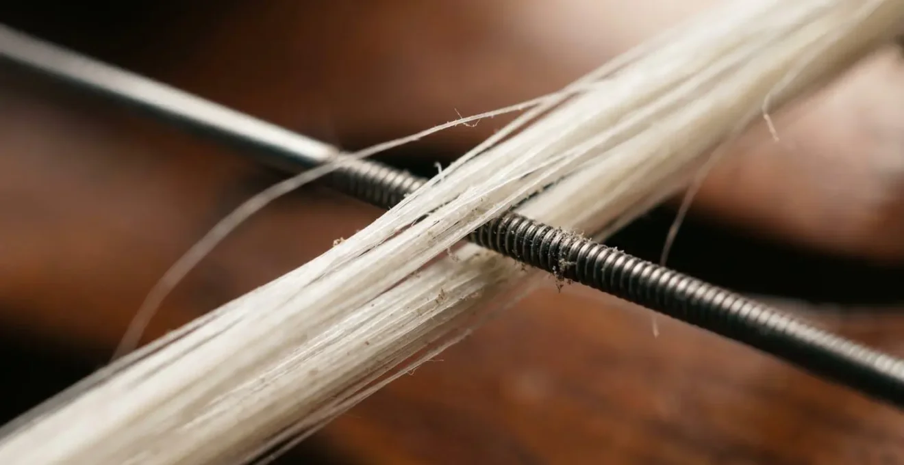 Macro detail of violin bow hair on string showing pressure variation and natural decay