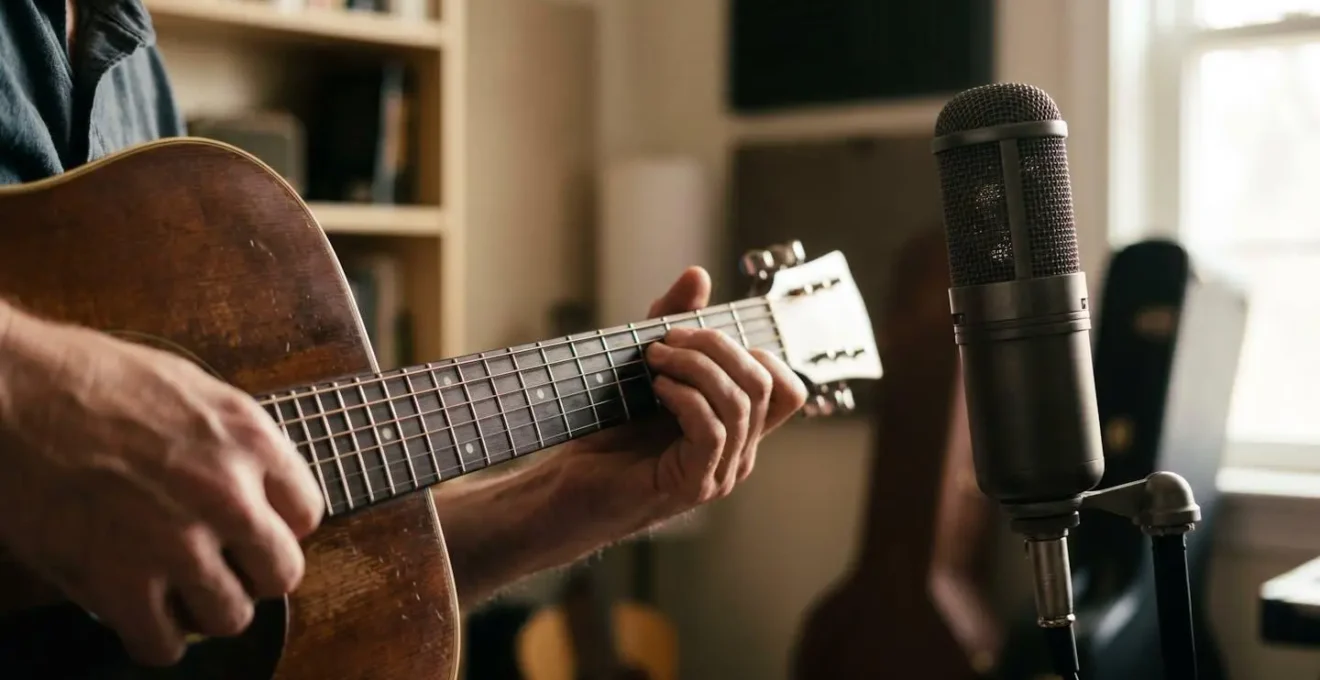 Close-up capturing the intimate interplay between voice and guitar through spatial positioning and timing